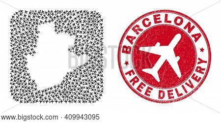 Vector Mosaic Barcelona Province Map Of Aviation Elements And Grunge Free Delivery Seal.