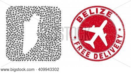 Vector Collage Belize Map Of Air Plane Items And Grunge Free Delivery Stamp. Mosaic Geographic Beliz