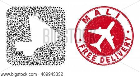 Vector Mosaic Mali Map Of Airplane Elements And Grunge Free Delivery Seal. Mosaic Geographic Mali Ma