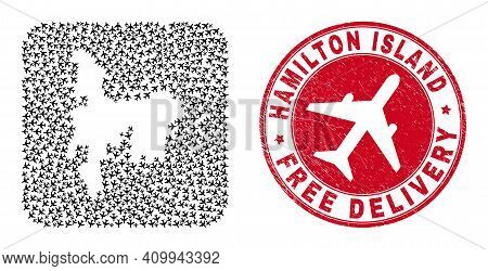 Vector Mosaic Hamilton Island Map Of Aviation Items And Grunge Free Delivery Seal. Mosaic Geographic