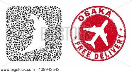 Vector Collage Osaka Prefecture Map Of Jet Vehicle Elements And Grunge Free Delivery Badge.