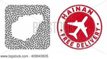 Vector Collage Hainan Map Of Air Plane Items And Grunge Free Delivery Seal. Mosaic Geographic Hainan