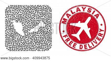 Vector Collage Malaysia Map Of Jet Vehicle Elements And Grunge Free Delivery Stamp. Mosaic Geographi