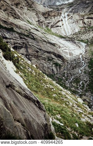 Beautiful Wall With River At The Mountain Lake Gelmersee In Bern