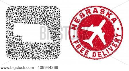 Vector Mosaic Nebraska State Map Of Air Force Items And Grunge Free Delivery Stamp. Collage Geograph