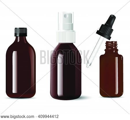 Medical Bottle Brown Glass. Cosmetic Container, 3d Vector Isolated On White. Small Serum Dropper Via