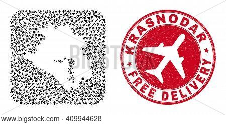 Vector Mosaic Krasnodarskiy Kray Map Of Air Plane Elements And Grunge Free Delivery Seal Stamp.