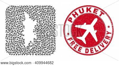 Vector Collage Phuket Map Of Jet Vehicle Items And Grunge Free Delivery Seal. Collage Geographic Phu