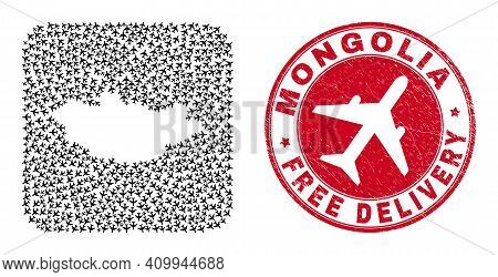 Vector Mosaic Mongolia Map Of Airliner Elements And Grunge Free Delivery Stamp. Collage Geographic M