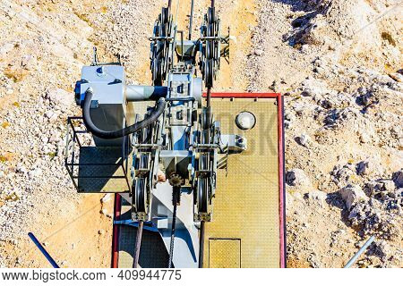 Cable Car On Tahtali Mountain Not Far From Kemer Town. Antalya Province, Turkey. Closeup Of Passenge