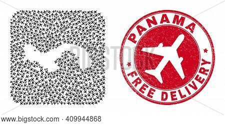 Vector Collage Panama Map Of Jet Vehicle Elements And Grunge Free Delivery Badge. Collage Geographic