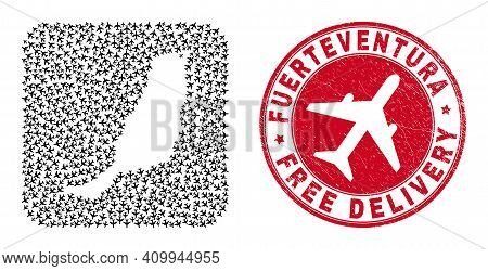 Vector Mosaic Fuerteventura Island Map Of Air Plane Items And Grunge Free Delivery Seal.