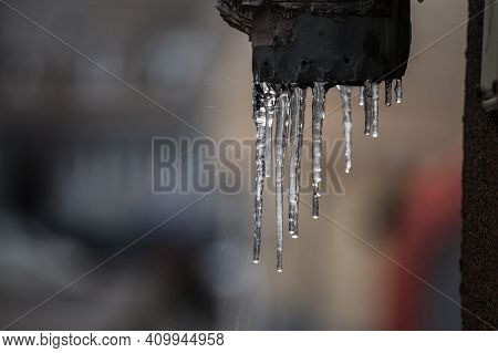 Icicles Forming Ice Stalactites Falling Fron The Edge Of The Eaves Of Gutters With Droplets Dripping