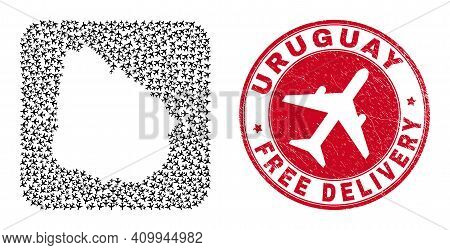 Vector Mosaic Uruguay Map Of Airplane Elements And Grunge Free Delivery Badge. Mosaic Geographic Uru