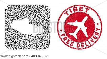 Vector Collage Tibet Map Of Air Force Elements And Grunge Free Delivery Seal. Collage Geographic Tib