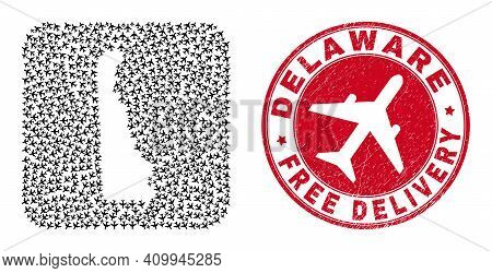 Vector Collage Delaware State Map Of Aeroplane Items And Grunge Free Delivery Seal.