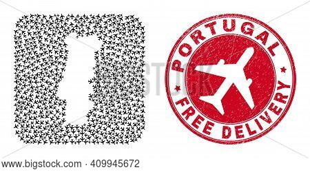 Vector Mosaic Portugal Map Of Airplane Items And Grunge Free Delivery Stamp. Mosaic Geographic Portu