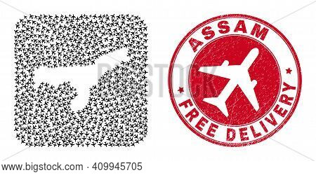 Vector Mosaic Assam State Map Of Air Plane Items And Grunge Free Delivery Stamp. Mosaic Geographic A