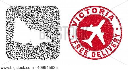 Vector Mosaic Australian Victoria Map Of Aviation Items And Grunge Free Delivery Stamp.