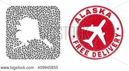 Vector Mosaic Alaska Map Of Air Plane Items And Grunge Free Delivery Badge. Mosaic Geographic Alaska