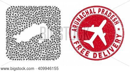 Vector Collage Arunachal Pradesh State Map Of Airliner Items And Grunge Free Delivery Seal Stamp.