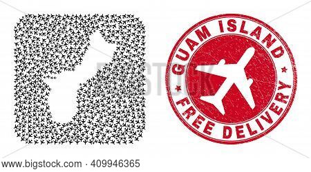 Vector Mosaic Guam Island Map Of Airliner Items And Grunge Free Delivery Stamp. Mosaic Geographic Gu