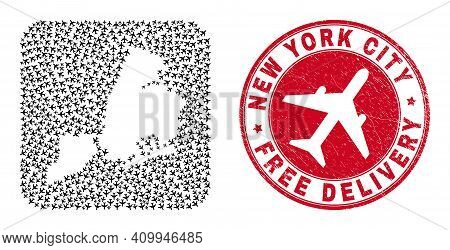 Vector Collage New York City Map Of Air Force Elements And Grunge Free Delivery Seal Stamp.