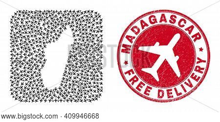 Vector Mosaic Madagascar Island Map Of Air Force Items And Grunge Free Delivery Badge.