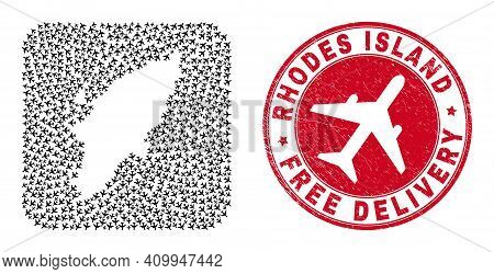 Vector Mosaic Rhodes Island Map Of Aircraft Elements And Grunge Free Delivery Seal Stamp. Mosaic Geo