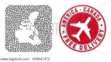 Vector Mosaic Canada V2 Map Of Airliner Elements And Grunge Free Delivery Seal Stamp. Mosaic Geograp