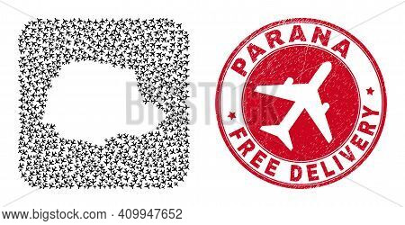 Vector Collage Parana State Map Of Aeroplane Items And Grunge Free Delivery Seal Stamp.