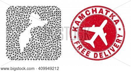 Vector Mosaic Kamchatka Map Of Aircraft Items And Grunge Free Delivery Seal. Mosaic Geographic Kamch