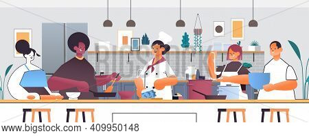 Mix Race Chefs Preparing Dishes People Cooking Food Culinary School Concept Kitchen Interior Horizon