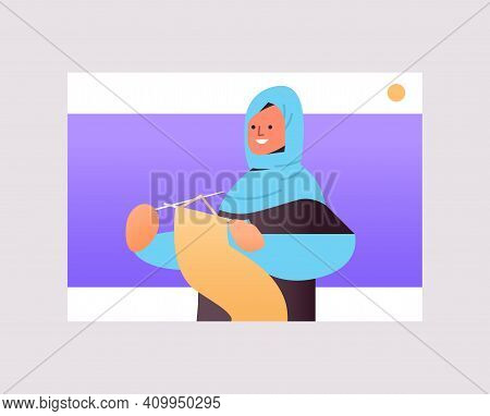 Arab Woman Knits In Web Browser Window Online Hobby Courses For Learning Knitting Concept Portrait H