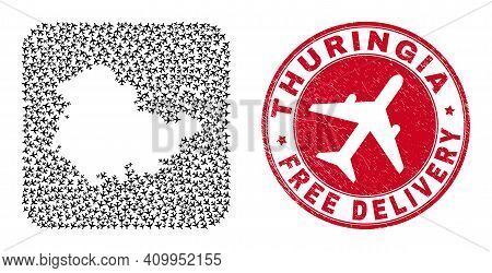 Vector Collage Thuringia Land Map Of Airplane Items And Grunge Free Delivery Stamp. Collage Geograph