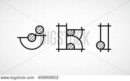 Architech Font. Letters Lower Case Jkl. Graphic Black And White Alphabet. Linear Drawing Alphabet Fo