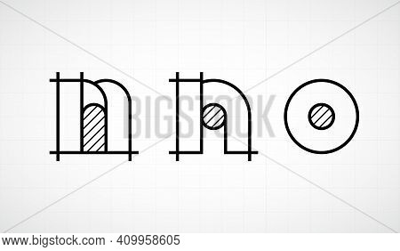 Architech Font. Letters Lower Case Mno. Graphic Black And White Alphabet. Linear Drawing Alphabet Fo