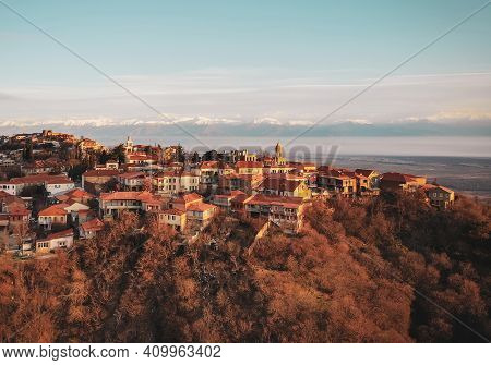 Love City Sighnaghi Aerial View With Caucasus Mountain Blank Space Background. Travel Destination Ge