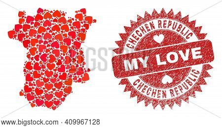 Vector Mosaic Chechen Republic Map Of Love Heart Items And Grunge My Love Seal Stamp. Mosaic Geograp