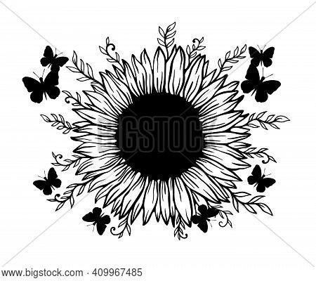 Sunflower And Butterfly Frame Floral Nature Plant.summer Flower Isolated In White Background.botanic