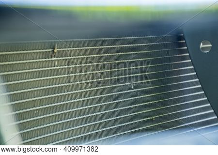 Close Up Aluminum Fin Of Cooling Condenser Coil Of Air Condition System. Pattern For Abstract Backgr