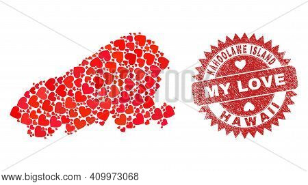 Vector Collage Kahoolawe Island Map Of Lovely Heart Items And Grunge My Love Badge. Collage Geograph