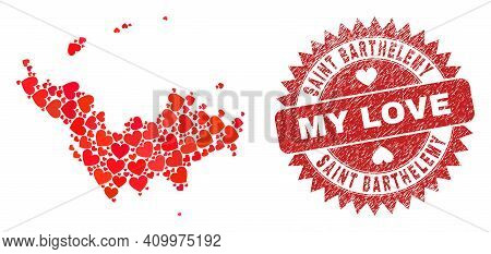 Vector Collage Saint Barthelemy Map Of Love Heart Elements And Grunge My Love Stamp. Collage Geograp