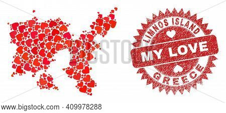 Vector Collage Limnos Island Map Of Love Heart Items And Grunge My Love Stamp. Collage Geographic Li