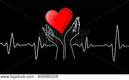 Drawing of a heart cardiogram and hands holding a red heart on a black background.