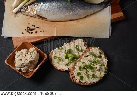 Traditional Jewish Snack Vorschmack Or Forshmak With Bread And Green Onion, Made Of Herring Fillet A