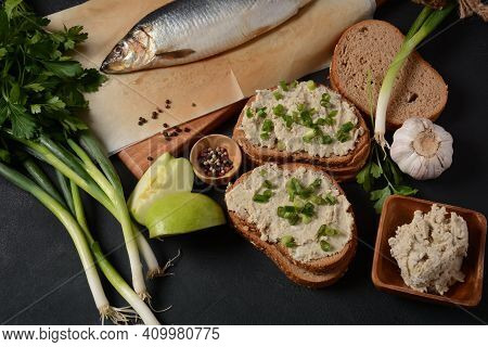 Traditional Jewish Snack Vorschmack Or Forshmak With Bread And Green Onion, Made Of Herring Fillet A
