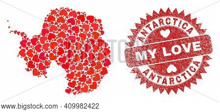 Vector Collage Antarctica Continent Map Of Valentine Heart Elements And Grunge My Love Badge. Collag
