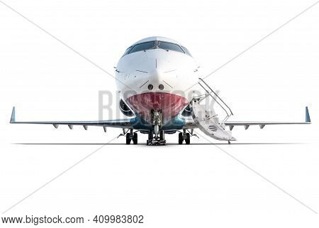 Front View Of The Modern Corporate Business Jet With Open Gangway Door Isolated On White Background