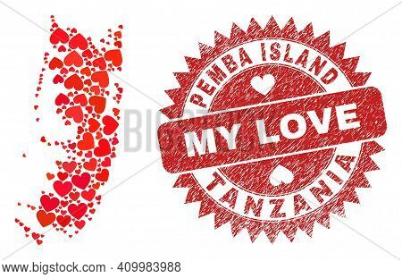 Vector Mosaic Pemba Island Map Of Love Heart Items And Grunge My Love Stamp. Mosaic Geographic Pemba